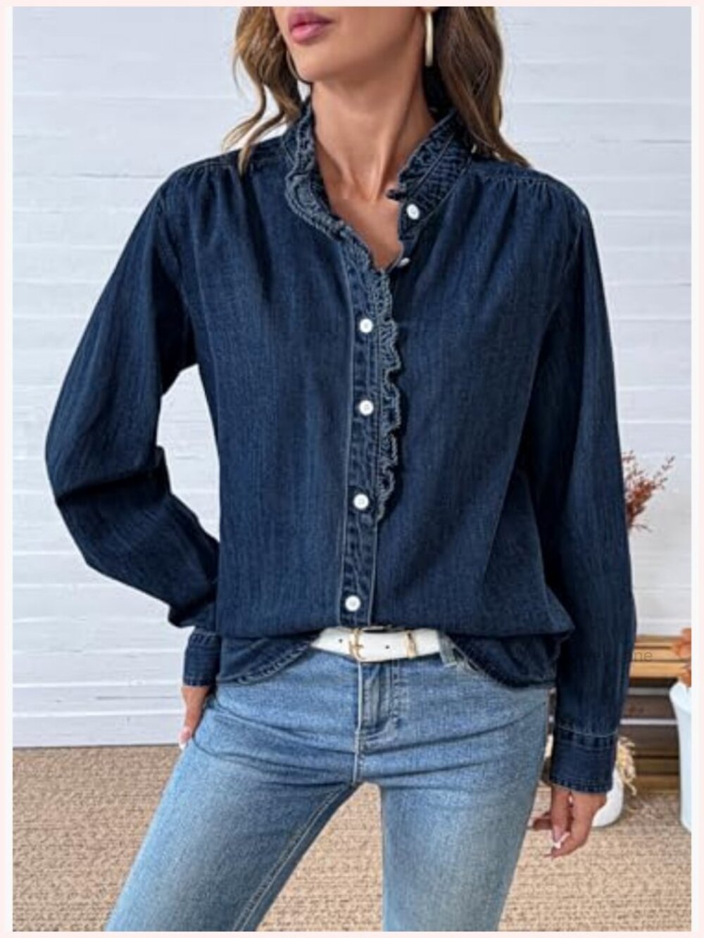 Vintage Denim Button Down Shirt Ruffled Edge Long Sleeve Top - Picture 2 of 7